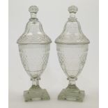 A pair of Regency style hobnail cut sweetmeat glass jars and covers, 20th century, each with knop...