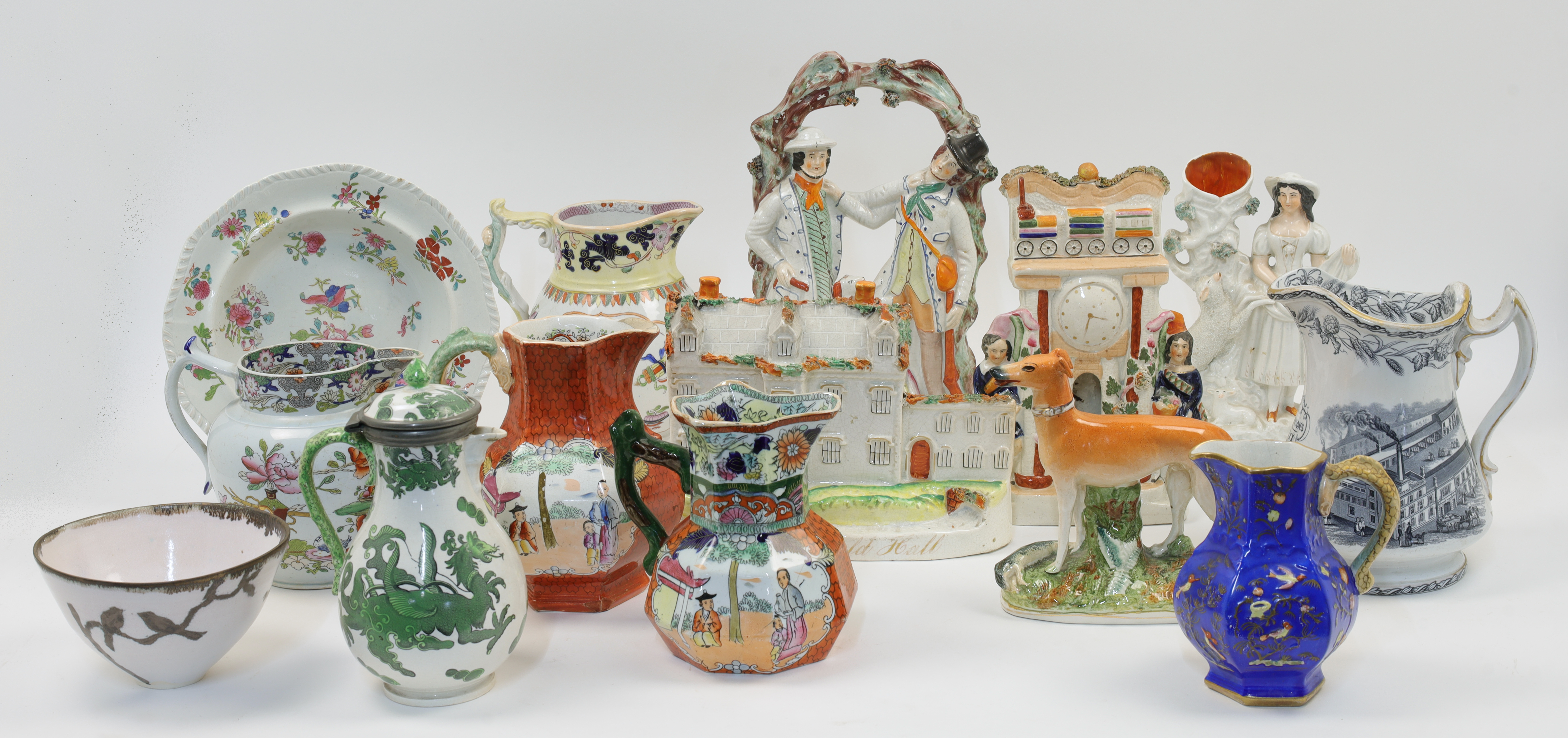 A quantity of mostly Staffordshire pottery and porcelain, 19th century, comprising: a group of Ma...
