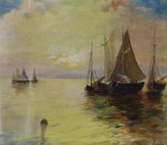 German School,  19th century-  Sailboats at sunset;  oil on canvas laid down on board, signed '...