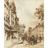 Follower of James Holland,  British 1799-1870-  Street scene with elegant figures hailing a carr...