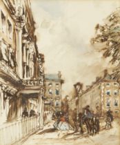 Follower of James Holland,  British 1799-1870-  Street scene with elegant figures hailing a carr...