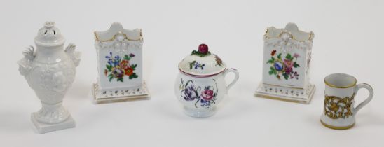 A group of Continental porcelain, to include a Mennecy pot à jus and cover, c.1760, incised D.V. ...