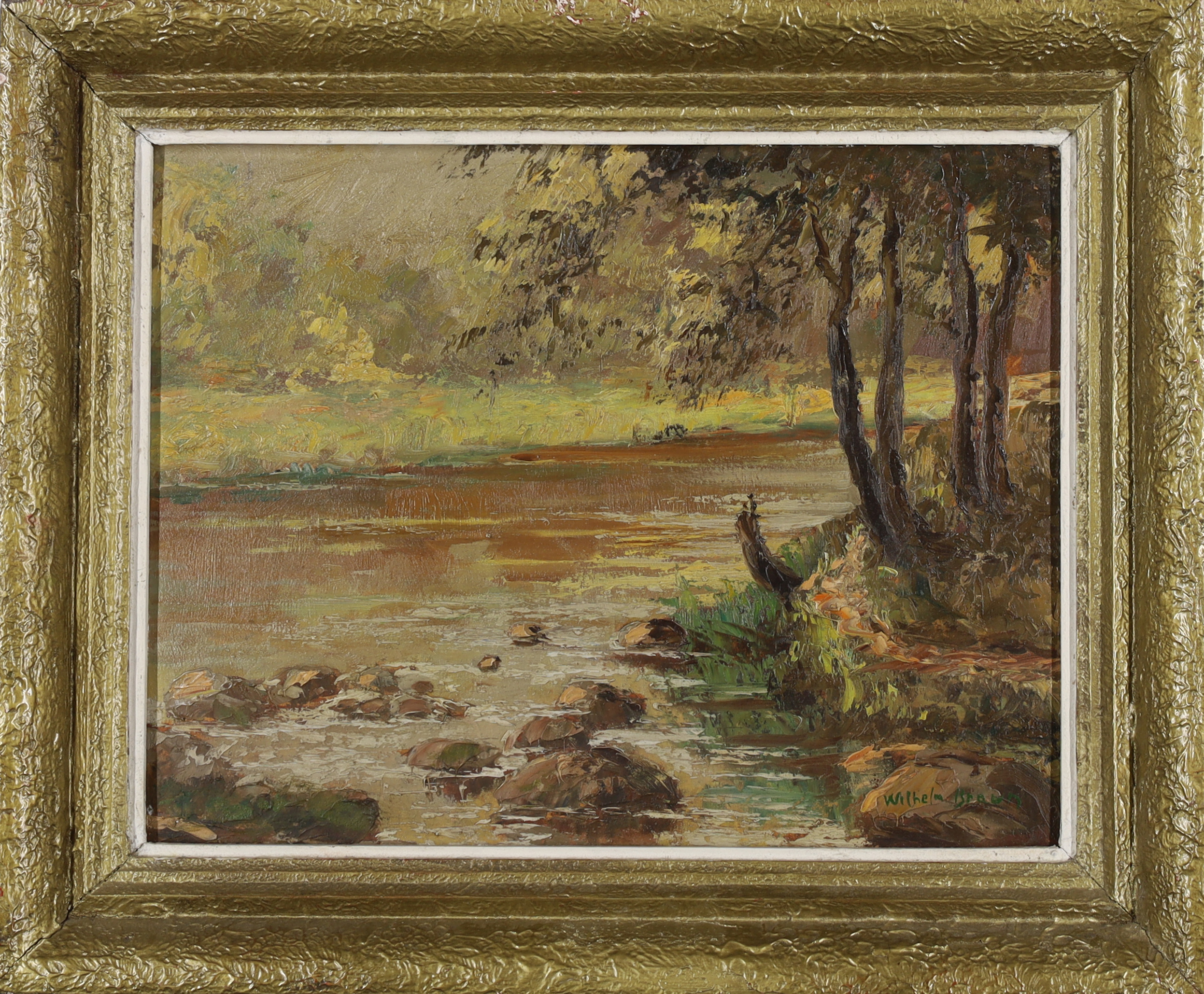 Wilhelm Hans Braun,  Austrian 1873-1938-  A wooded river landscape;  oil on board, signed 'Wilh... - Image 2 of 3