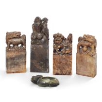 Four Chinese soapstone seals and a hardstone 'rabbit' waterpot, late Qing dynasty / Republic peri...