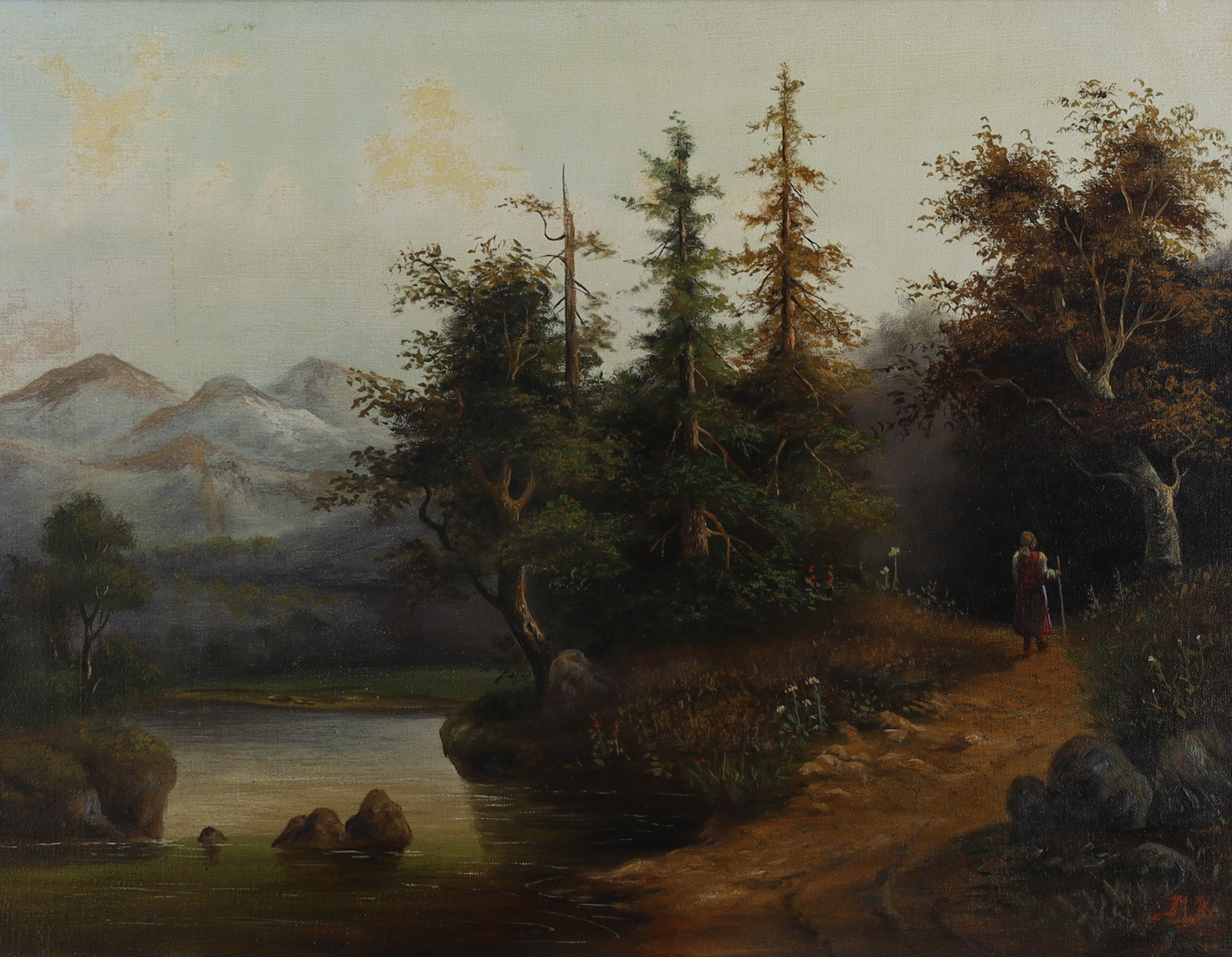 German School,  late 19th/early 20th century-  A wanderer in a wooded landscape;  oil on canvas...