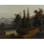 German School,  late 19th/early 20th century-  A wanderer in a wooded landscape;  oil on canvas...