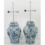 A pair of large Chinese blue and white baluster jars and covers converted to lamps, 20th century,...