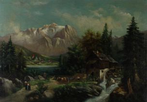 German or Austrian School,  late 19th century-  Landscape with a water mill;  oil on canvas, 65...