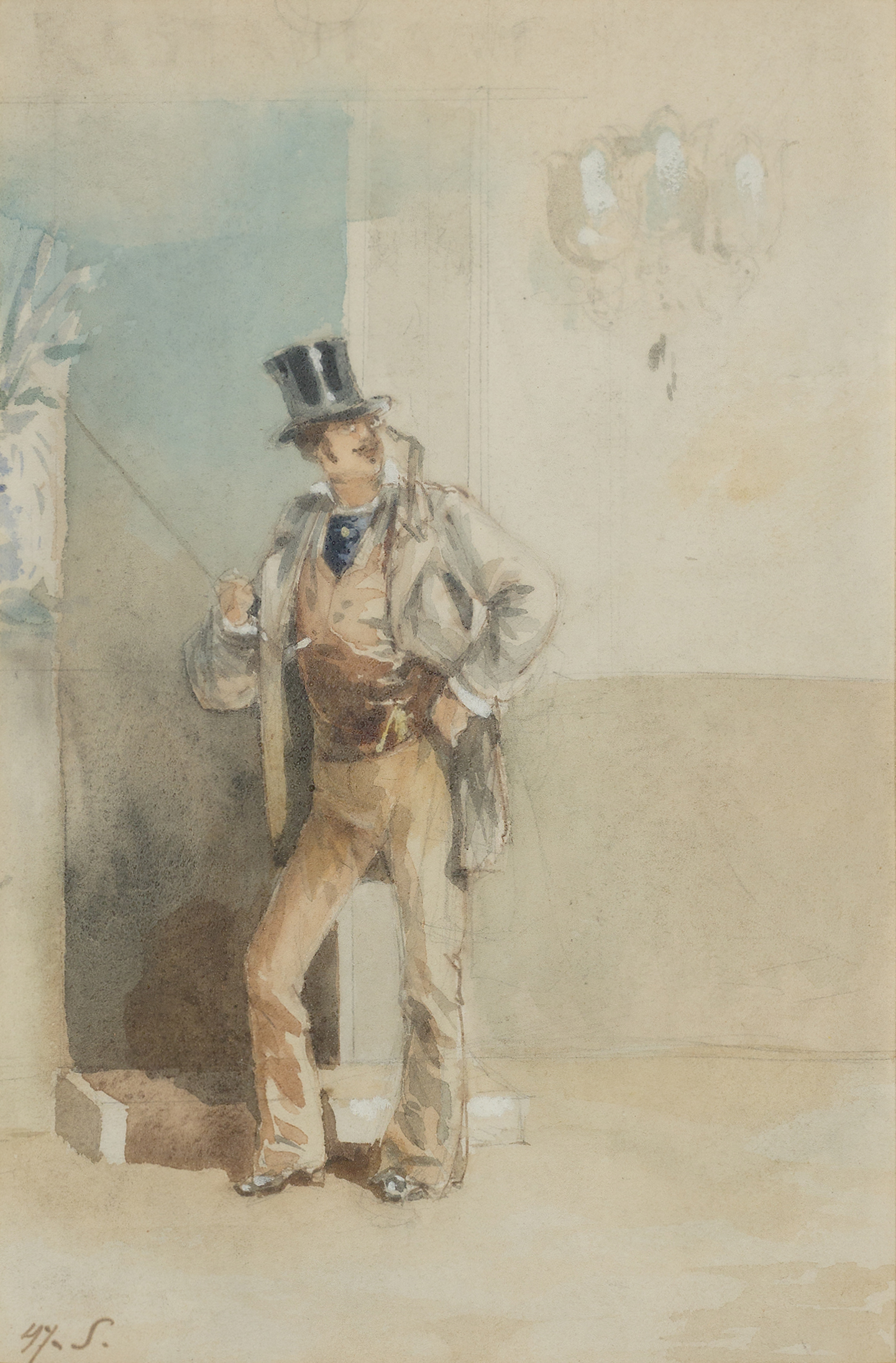 French School,  late 19th century-  Study of a man wearing a top hat;  pencil and watercolour h...