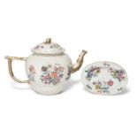 A Chinese export soft paste famille rose 'floral' teapot and cover with a similarly decorated spo...