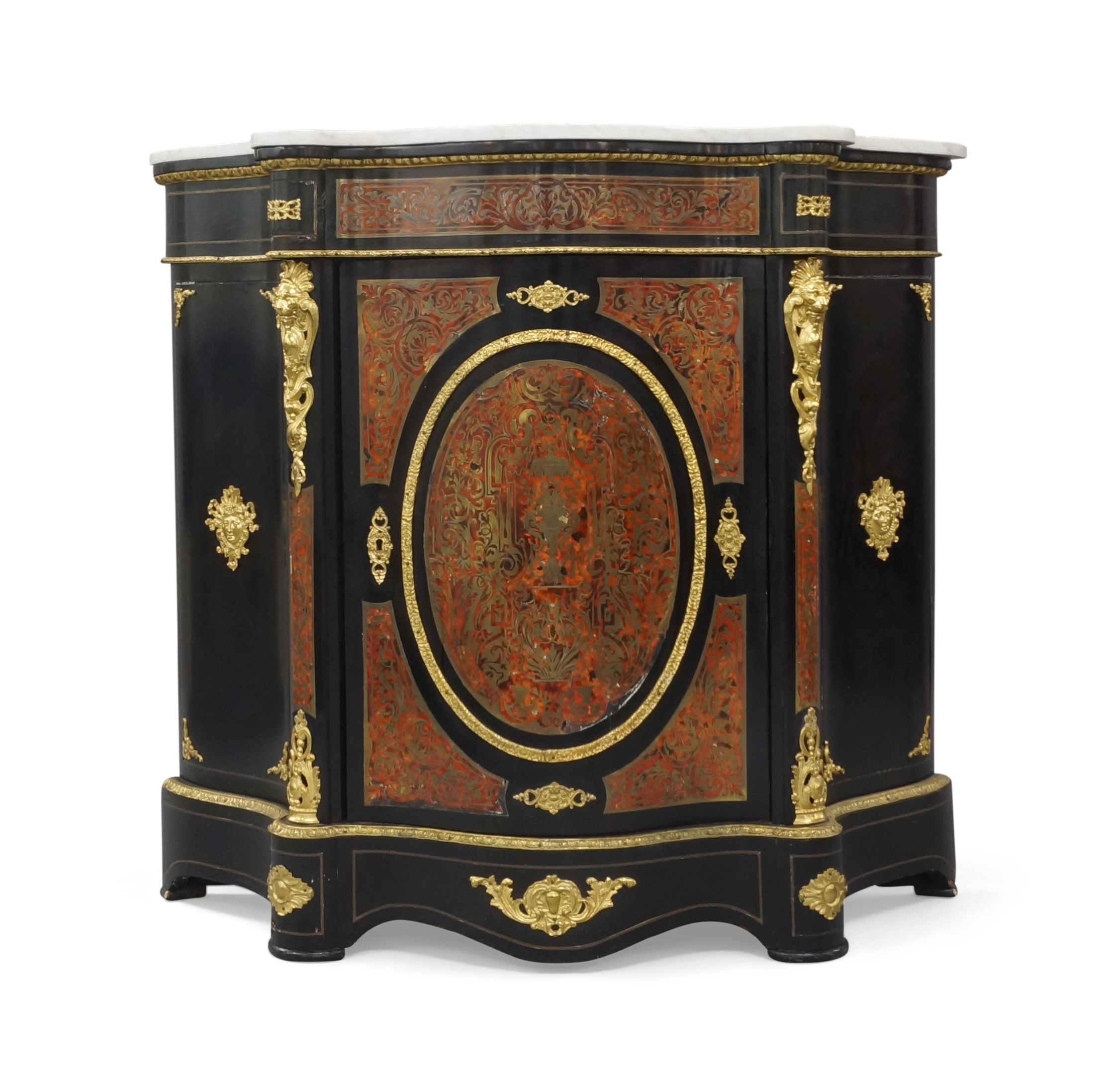 A French ormolu-mounted ebonised Boulle cabinet, late 19th century, the central door enclosing la...