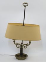 A French brass two light bouillotte lamp, 20th century, each acanthus leaf sconce with drip pan, ...