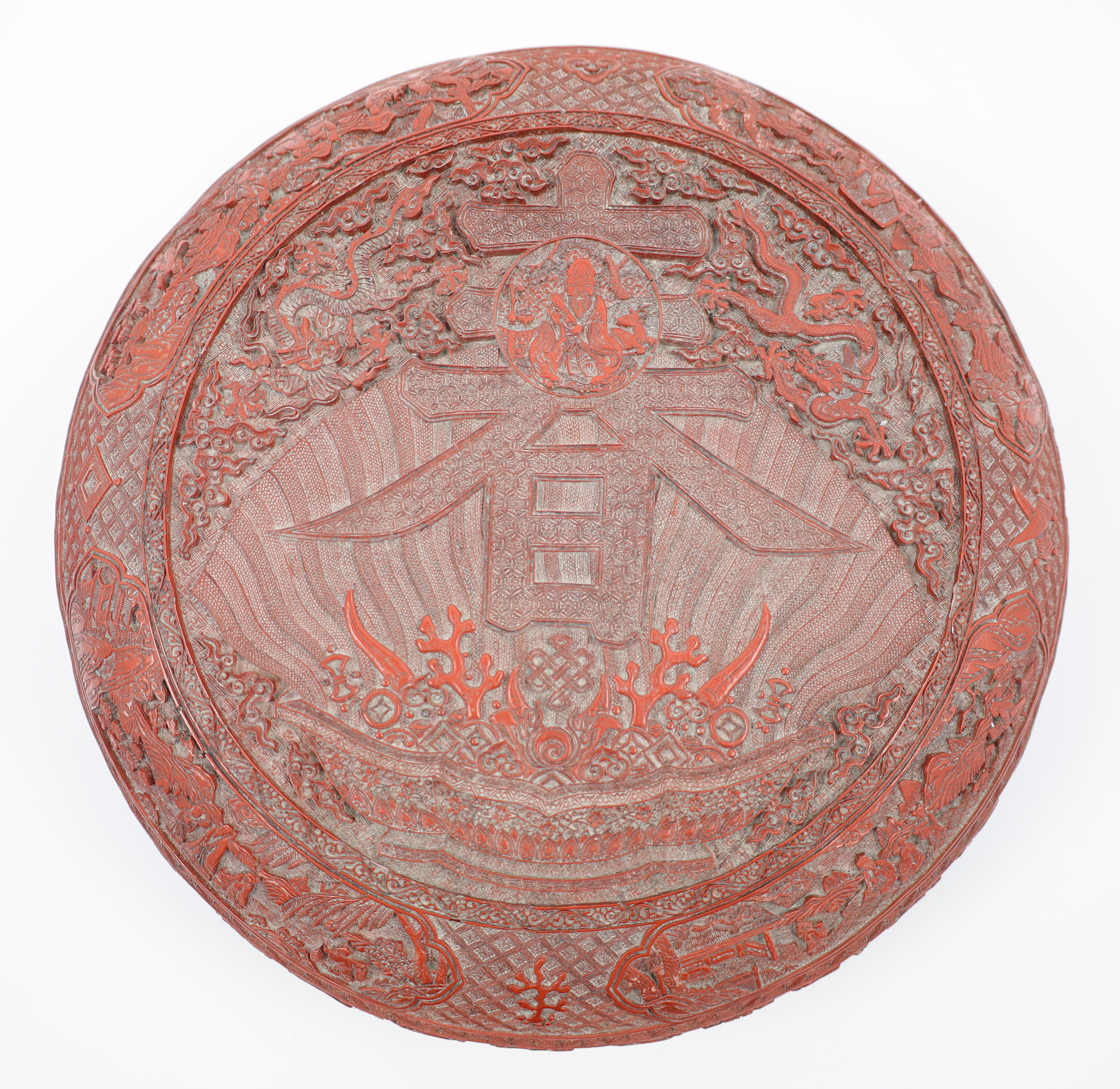 A large Chinese red and black lacquer 'Chun' type box, 20th century, of circular form, the cover ...