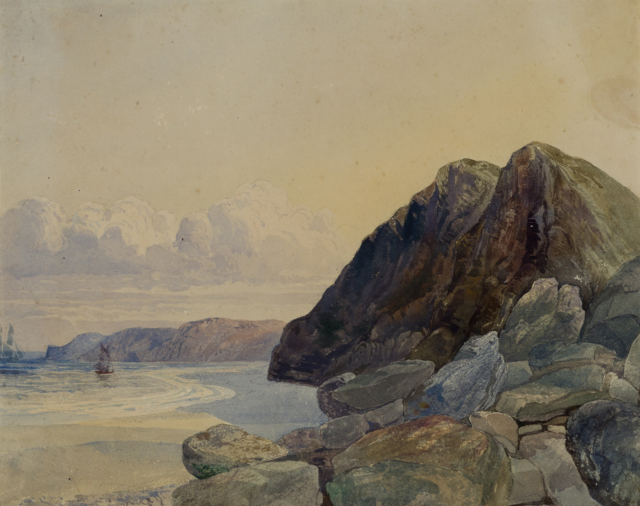 Circle of John Brett, ARA,  British 1831-1902-  Coastal landscape with cliffs by the beach;  pe...