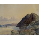 Circle of John Brett, ARA,  British 1831-1902-  Coastal landscape with cliffs by the beach;  pe...
