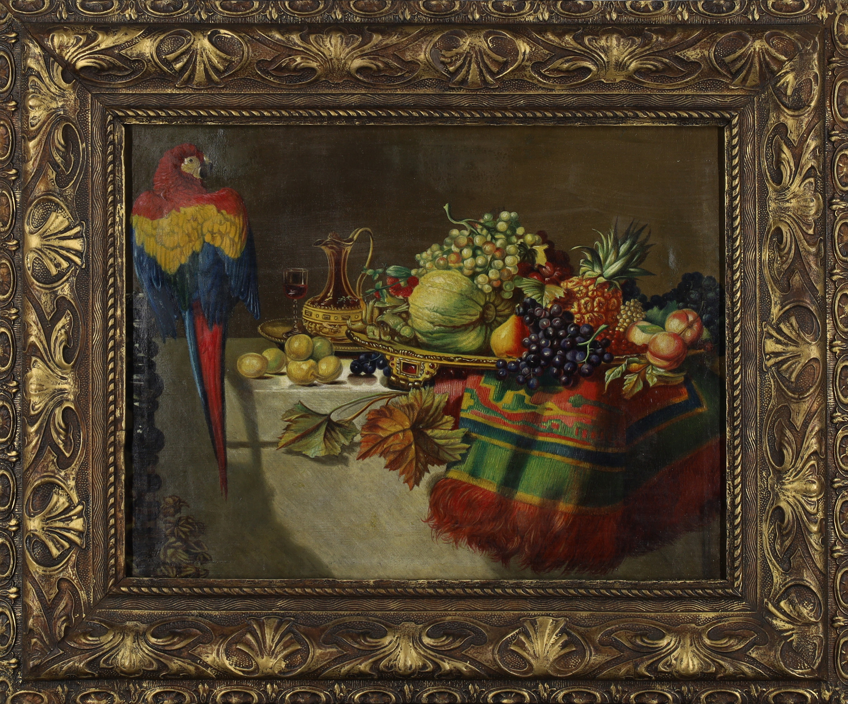 European School,  late 19th century-  Still life with grapes, melon, and a pineapple on a table,... - Image 2 of 3