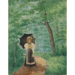 British School,  late 19th century-  Lady with a parasol in woodland;  pencil and watercolour o...