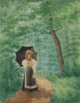 British School,  late 19th century-  Lady with a parasol in woodland;  pencil and watercolour o...