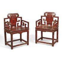 A pair of Chinese red tianqi lacquered armchairs Qing dynasty, Yongzheng/Qianlong period incise...