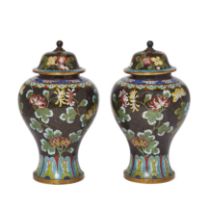 A pair of Chinese cloisonné-enamel baluster jars and covers, 20th century, each decorated with bo...