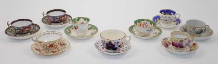 A group of English porcelain teacups and saucers, 19th century, to include examples by Coalport, ...