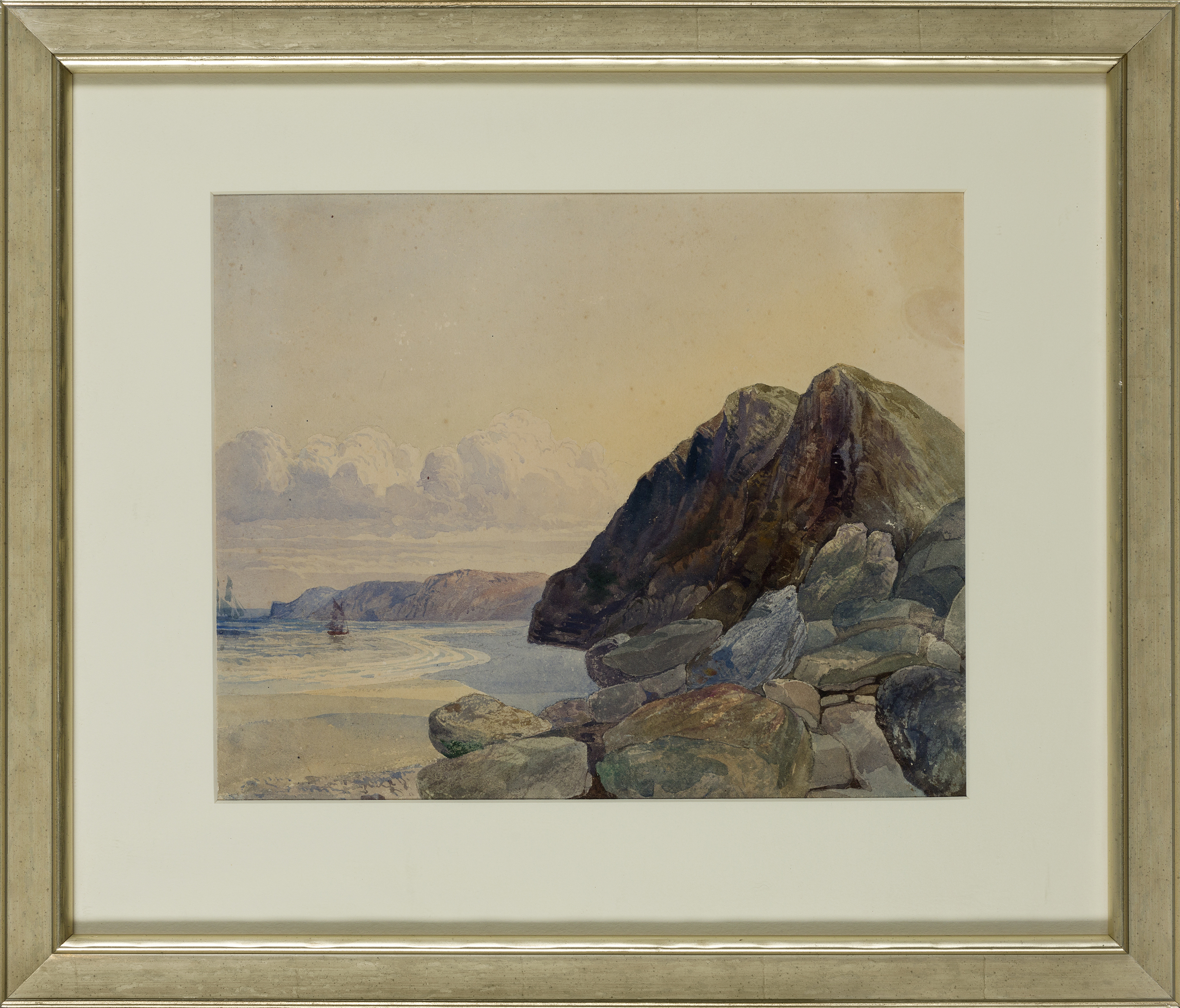 Circle of John Brett, ARA,  British 1831-1902-  Coastal landscape with cliffs by the beach;  pe... - Image 2 of 3