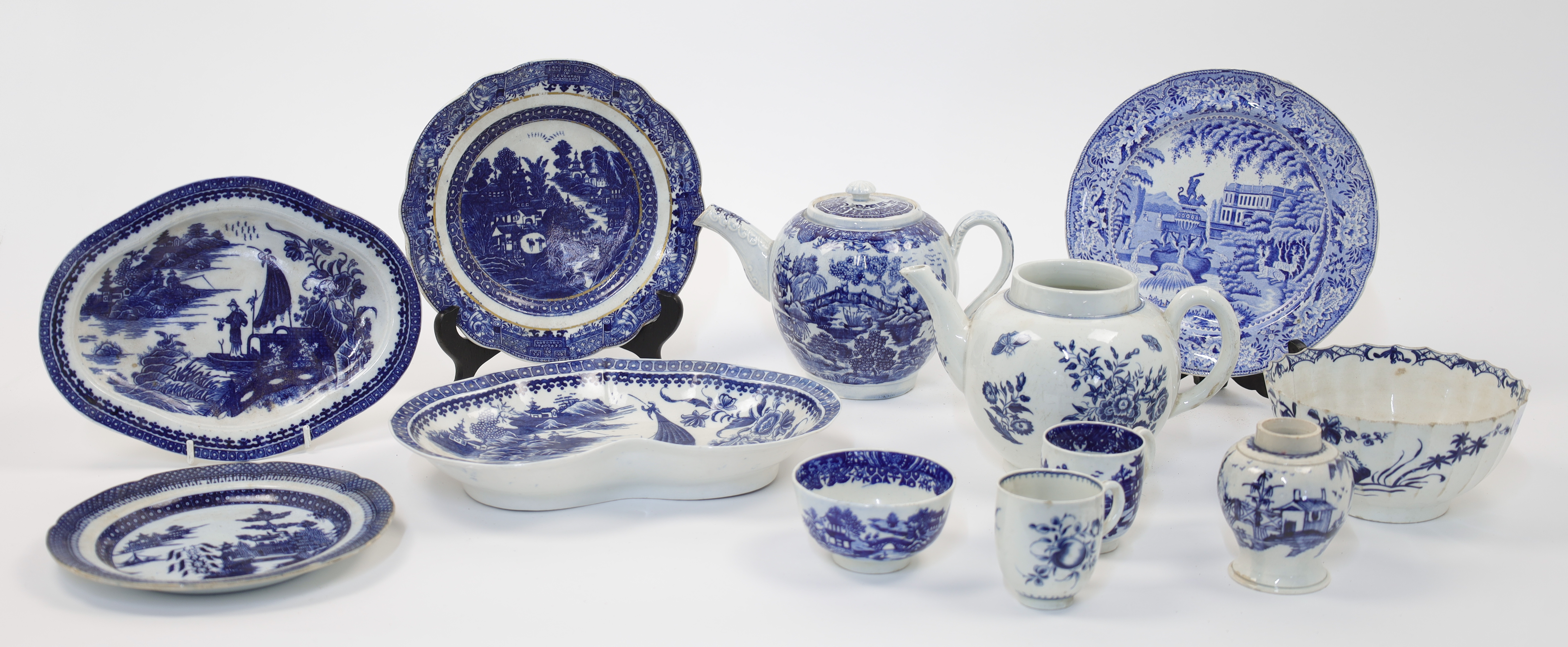 A group of Worcester First Period blue and white porcelain, 18th century, comprising: a large glo...