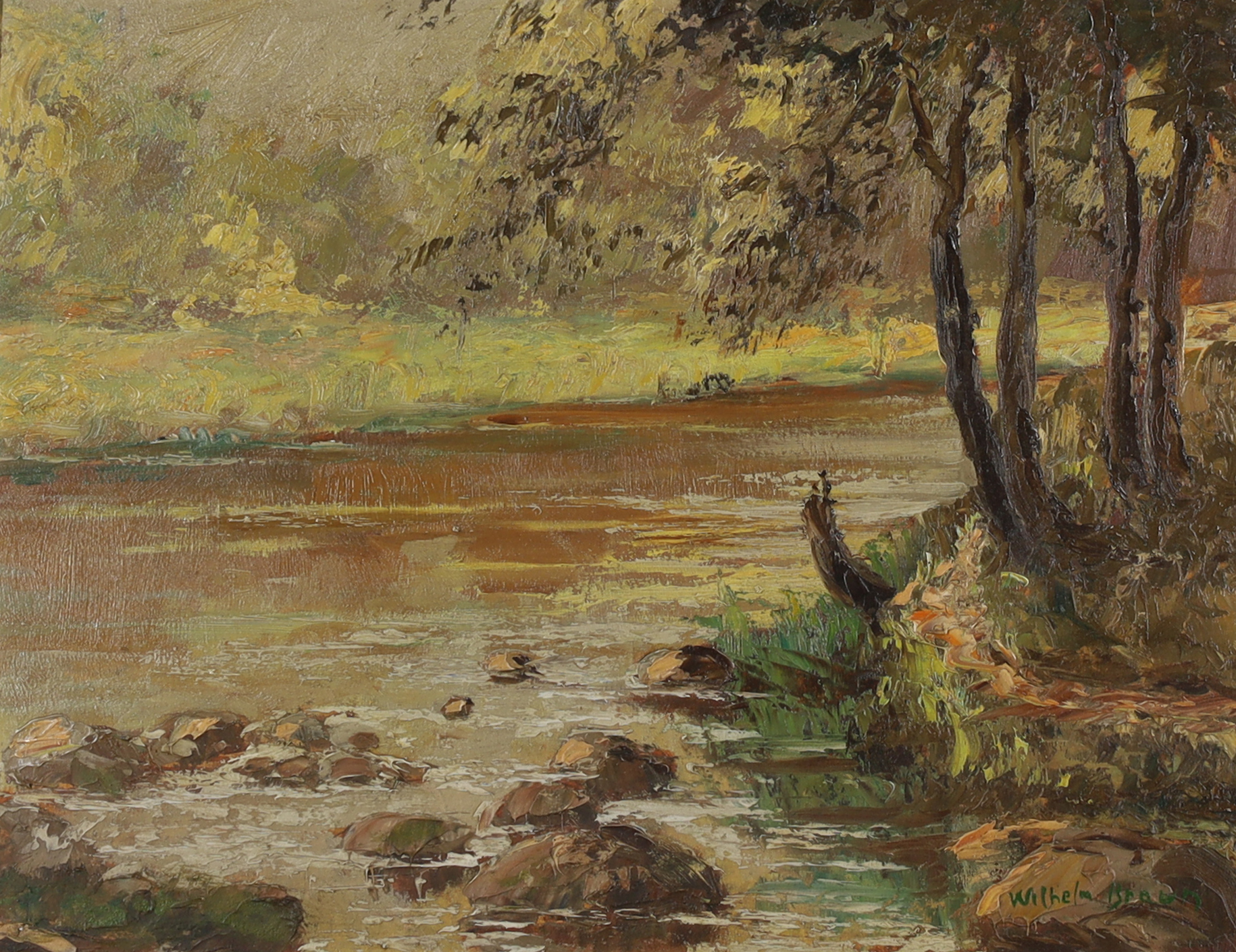 Wilhelm Hans Braun,  Austrian 1873-1938-  A wooded river landscape;  oil on board, signed 'Wilh...