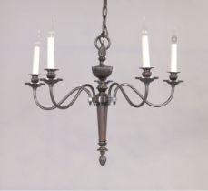 A modern gunmetal five-light chandelier, 20th century, the stem of fluted columnar form with acor...