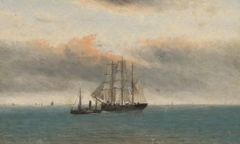 British School,  19th century-  A ship at sea;  oil on board, 17.4 x 27.8 cm.  Provenance:  Th...