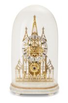 A gilt-brass skeleton clock, 20th century, with pierced Gothic style plates, silvered chapter rin...