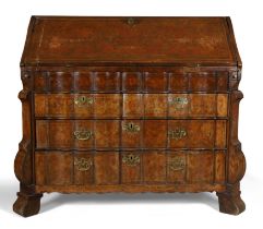 A Dutch mahogany and marquetry bombe bureau, last quarter 18th century, the fall front with fitte...