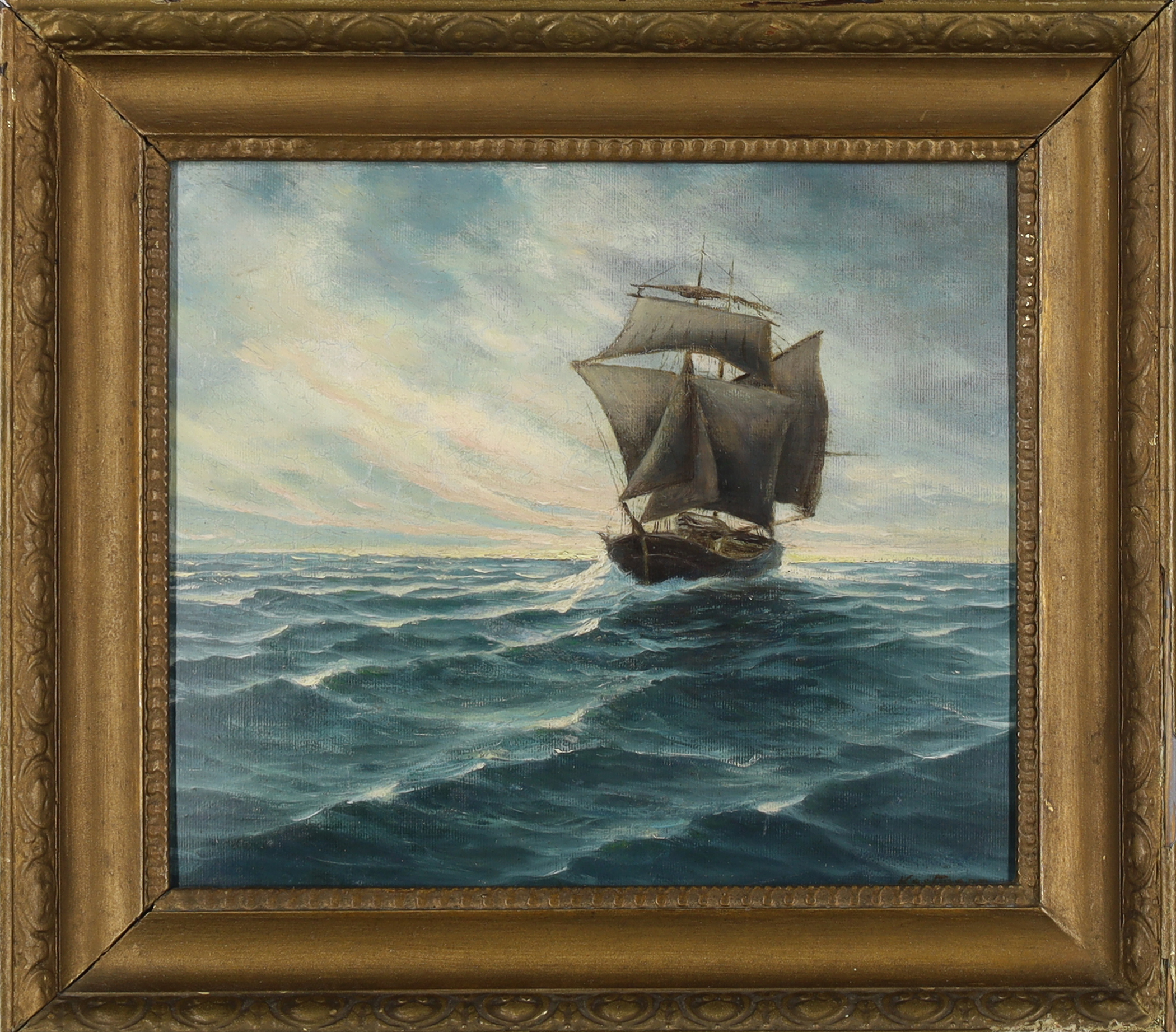 Dutch School,  19th century-  A shipping vessel at full sail;  oil on board, 29.5 x 34.1 cm.  ... - Image 2 of 3