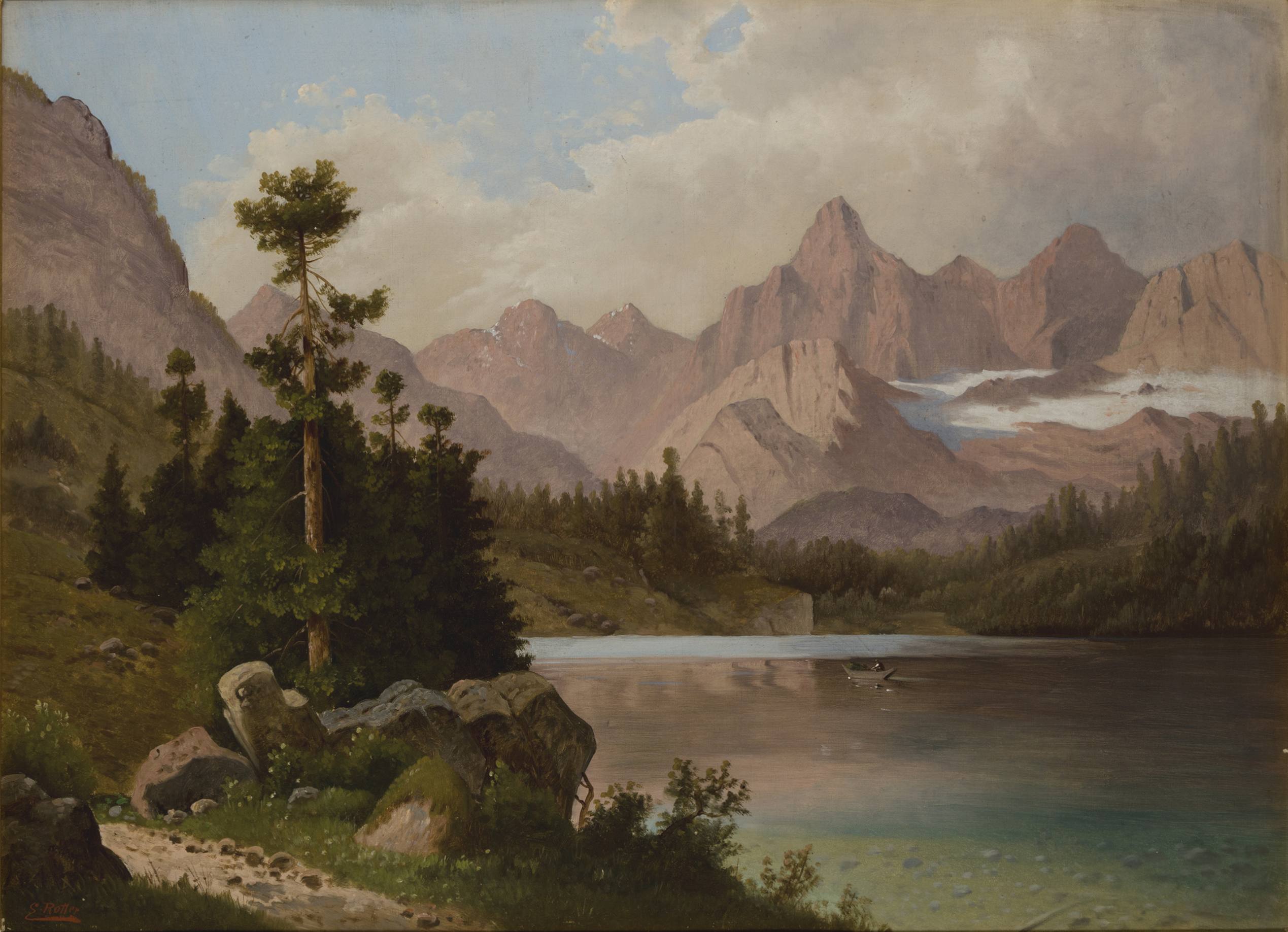 E. Rotter,  19th century-  Alpine lake landscape with figures in a boat;  oil on canvas, signed...