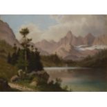 E. Rotter,  19th century-  Alpine lake landscape with figures in a boat;  oil on canvas, signed...