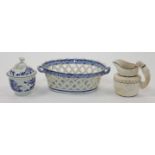A Worcester porcelain sugar bowl and cover, 18th century, blue crescent mark, decorated with Chin...