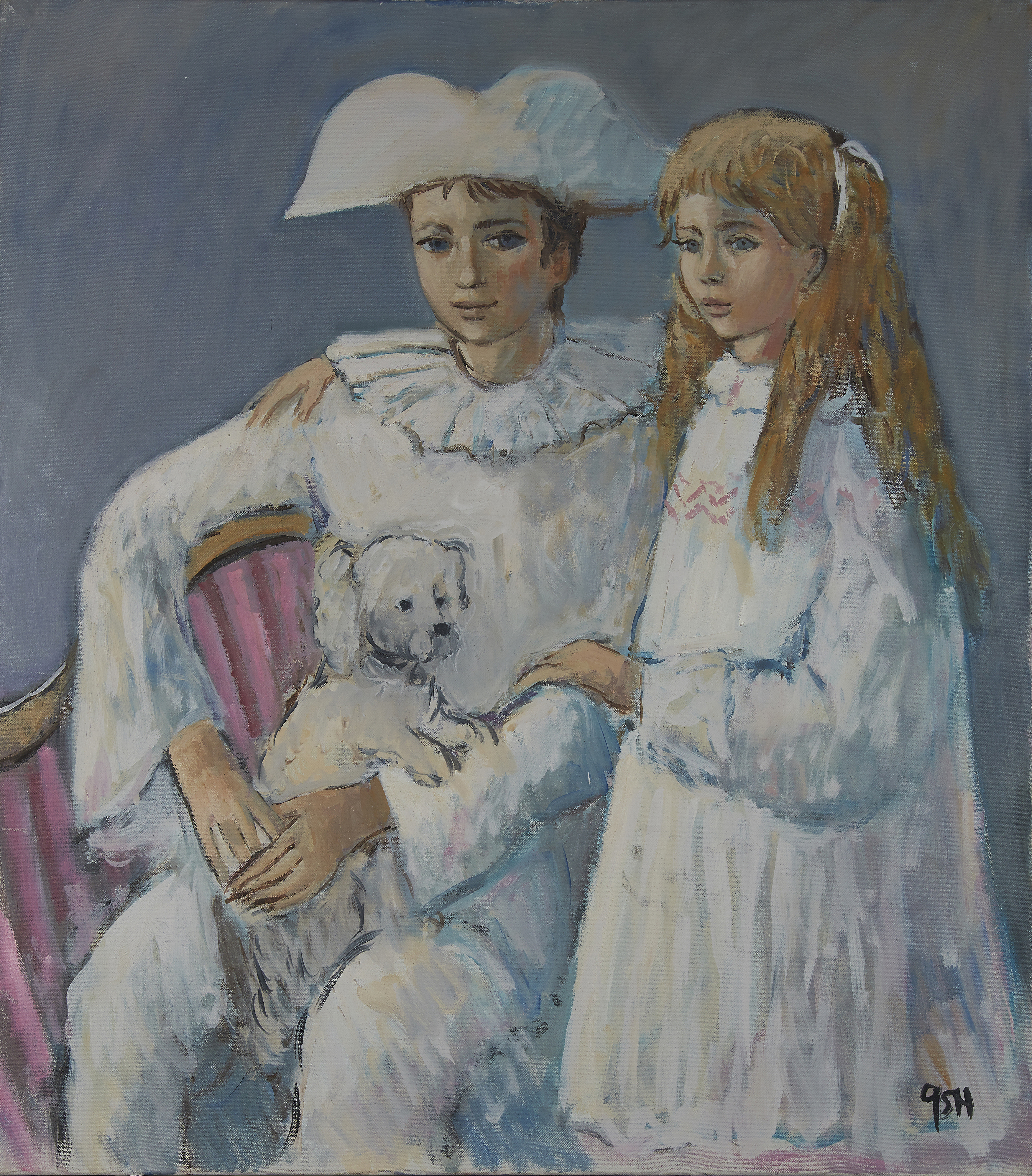 John Ash,  British 1926-1999 -  Two children with a poodle;  oil on canvas, signed lower right ...