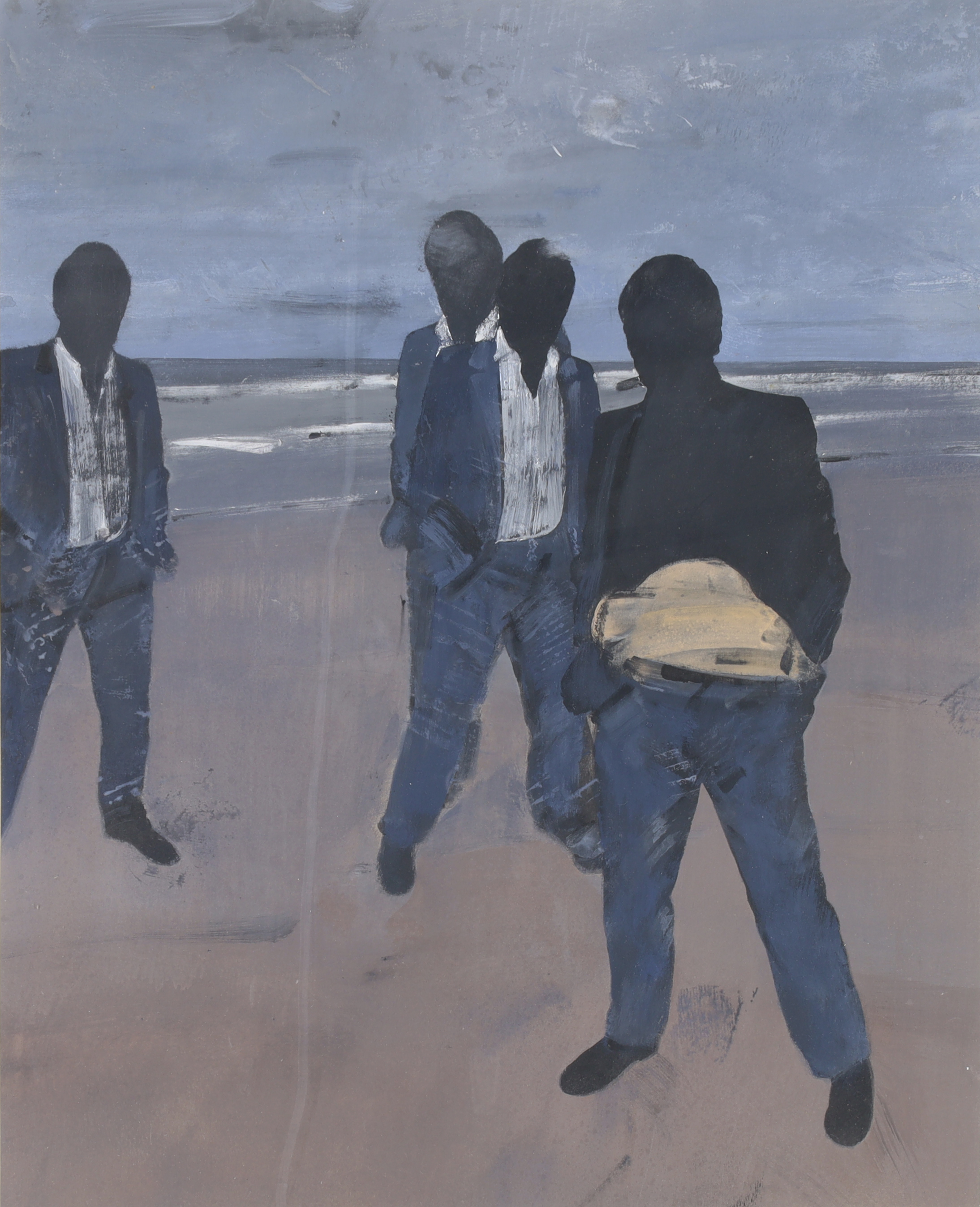 Timothy J. Clarke,  American b. 1951 -  Four men on a beach, 1990;  acrylic on paper, inscribed...