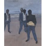 Timothy J. Clarke,  American b. 1951 -  Four men on a beach, 1990;  acrylic on paper, inscribed...