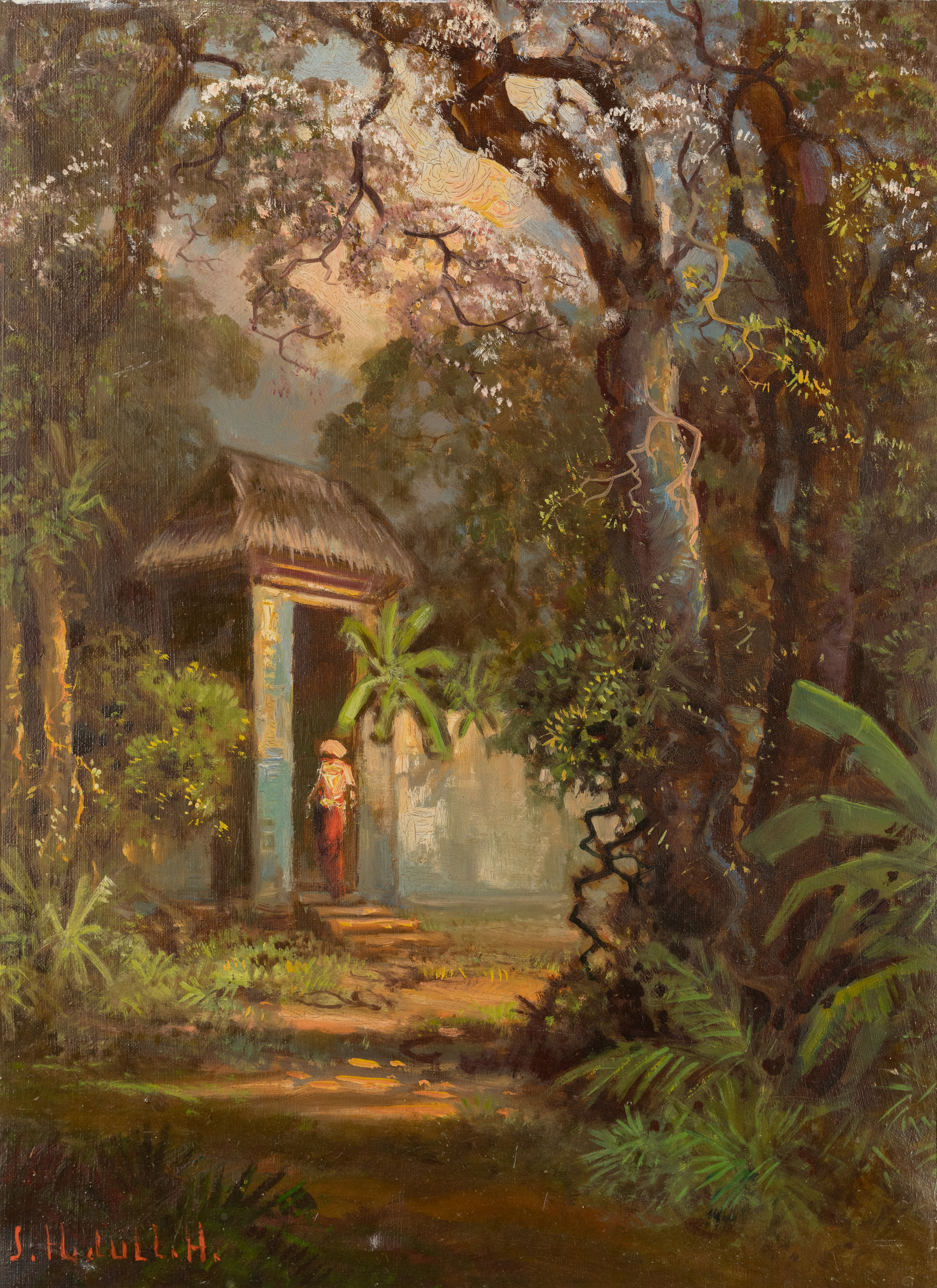 Sudjono Abdullah,  Indonesian 1911-1991 -  Figure in a jungle;  oil on canvas, signed lower lef...