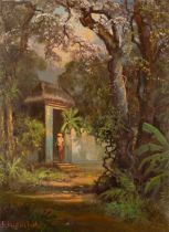 Sudjono Abdullah,  Indonesian 1911-1991 -  Figure in a jungle;  oil on canvas, signed lower lef...