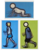 Julian Opie,  British b.1958-  Walking and crawling figures, 2010;  three lenticular postcards,...