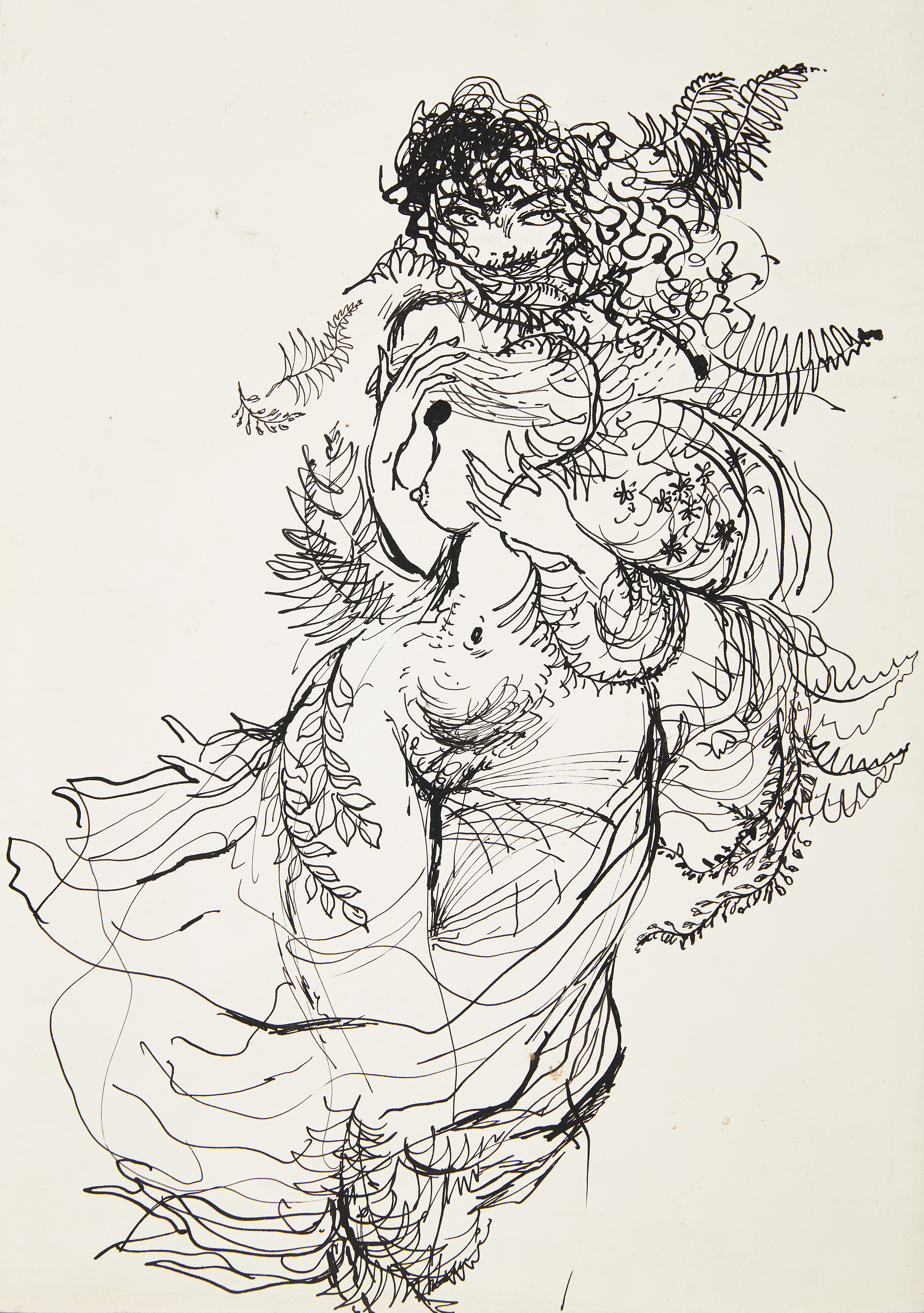 Peter Foldes,  Hungarian/British 1924-1977 -  Female nude with leaves;  ink on paper, bears ins...