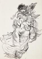 Peter Foldes,  Hungarian/British 1924-1977 -  Female nude with leaves;  ink on paper, bears ins...