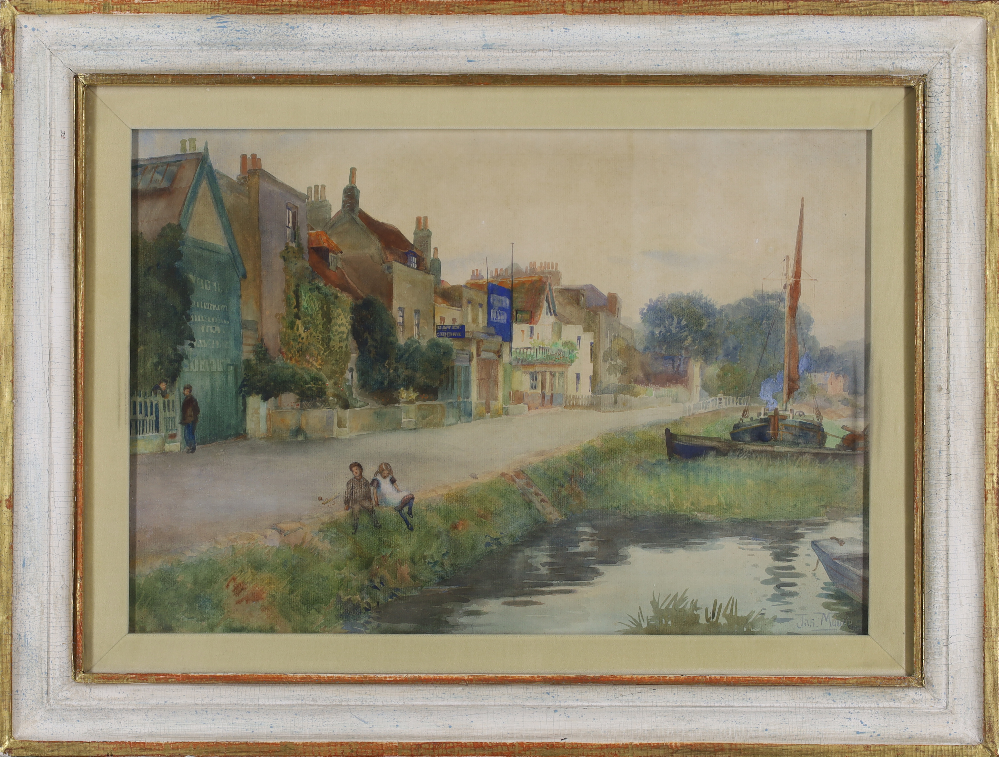 James Moore,  British, late 19th century -  Children by a canal;  watercolour on paper, signed ... - Image 2 of 3