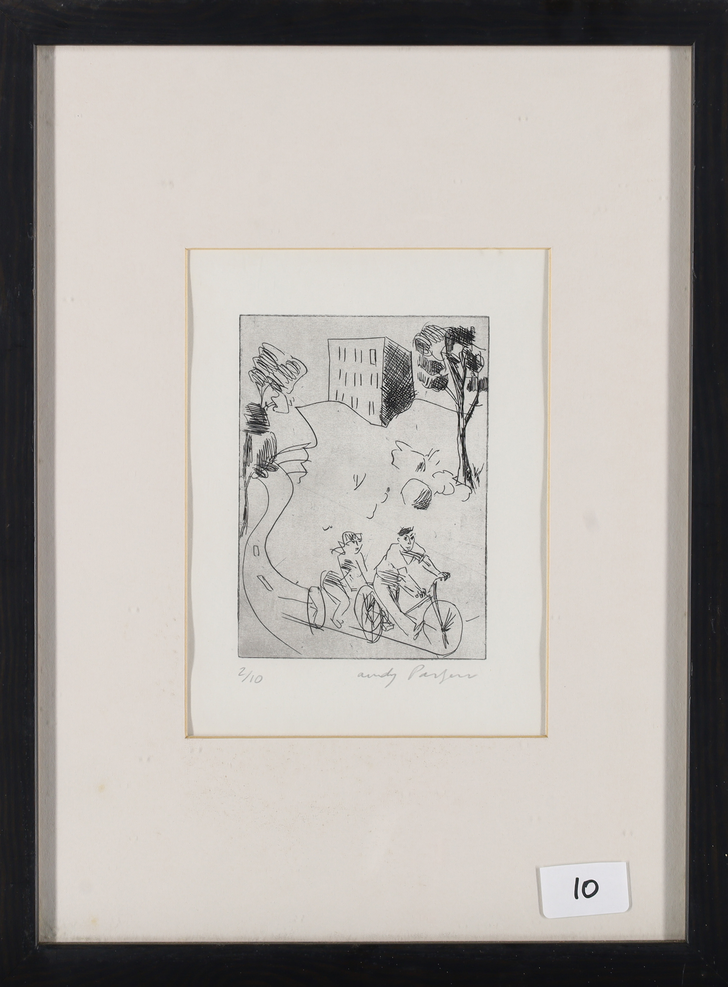 Andy Parsons,  British 20th Century-  Tandem Ride;  etching on wove,  signed and numbered 2/10 ... - Image 2 of 2