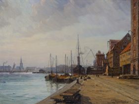 British school,  active c.1914 -  Harbour scene;  oil on canvas, signed with monogram and dated...