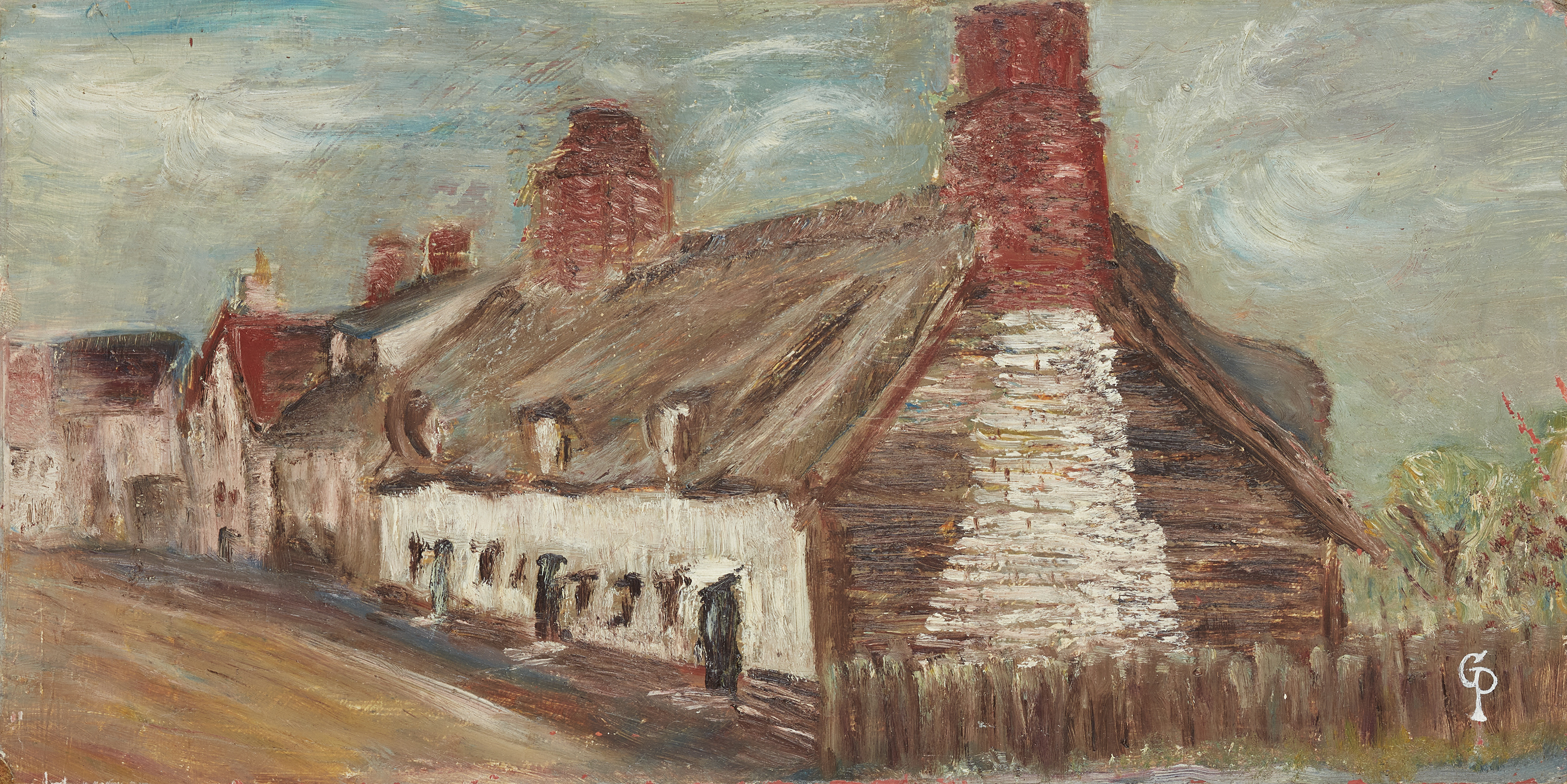 Gwendolyn Piggott,  British 20th century -  Cottages at Ashdon;  oil on board, signed with init...