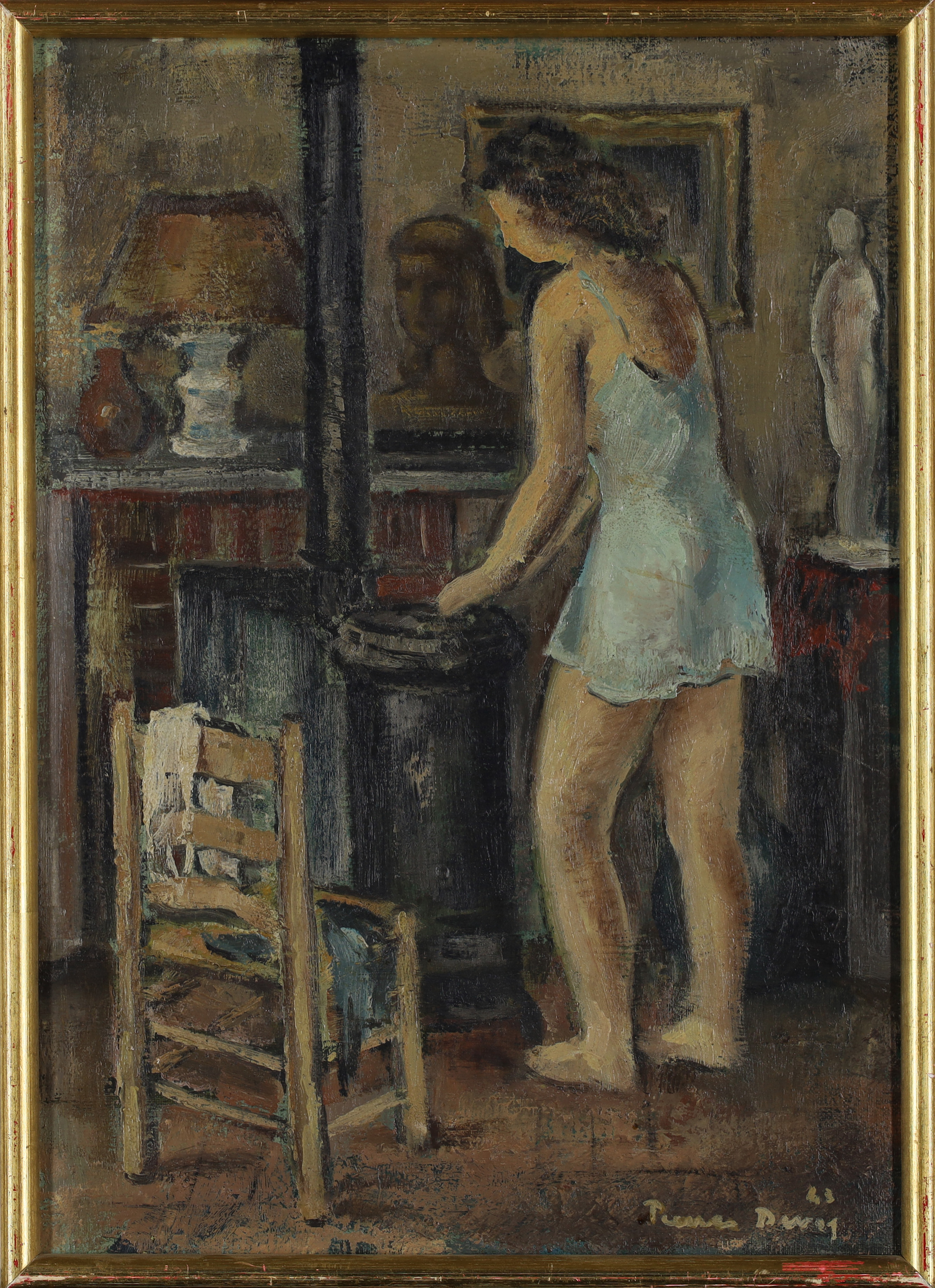 Pierre Devos,  Belgian 1917-1972 -  Women in a blue slip by a stove, 1943;  oil on canvas, sign... - Image 2 of 3
