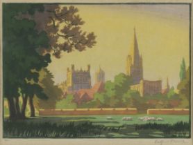 Wilfred Rene Wood,  British, 1888-1976,  Landscape with Cathedral; woodcut in colours on wove, ...